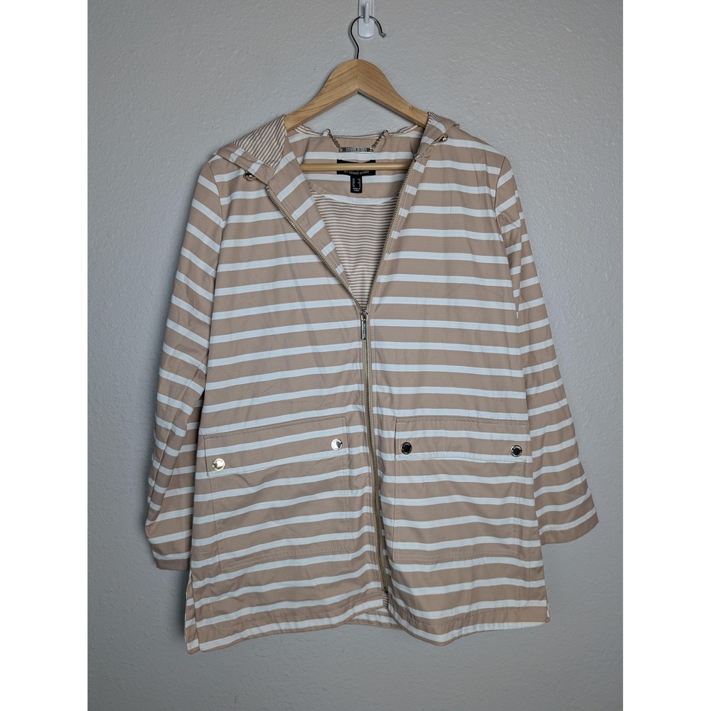Dennis By Dennis Basso Jacket Womens XS Beige‎ Striped Hooded Zip Pockets Lined